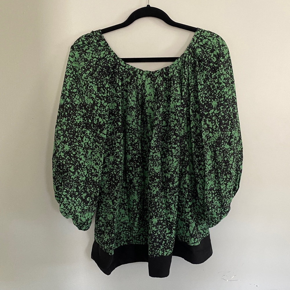 Diane von Fürstenberg Silk Blouse Puff Sleeve Green Splatter Print size Small - Picture 7 of 13